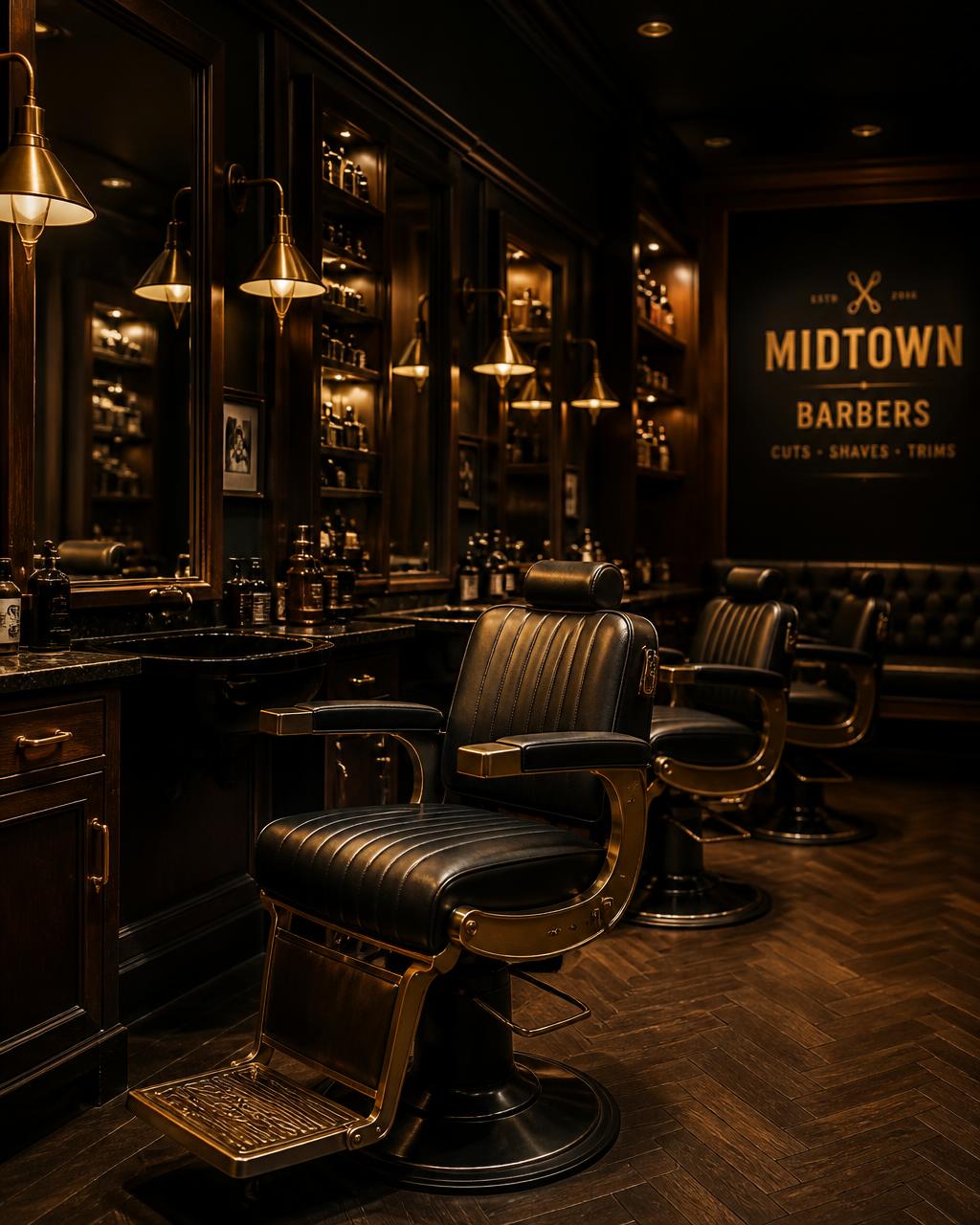 Interior da barbearia com cadeiras de couro
